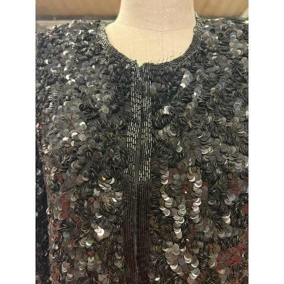 Vintage Laurence Kazar Black Sequined Long-Sleeve Jacket Blazer Evening Coat For - Picture 2 of 13